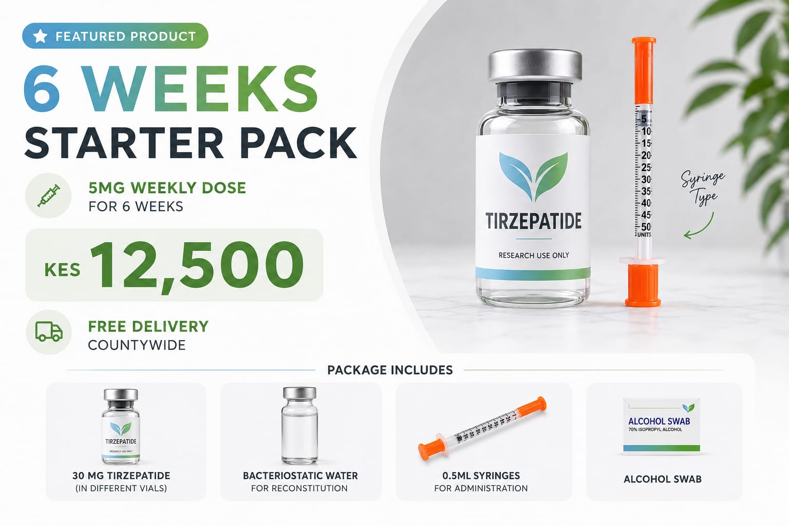 6 Weeks Starter Pack — Tirzepatide 5mg with syringes, bacteriostatic water, and alcohol swabs